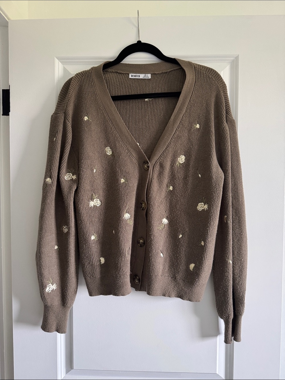 a new day Taupe V-Neck Cardigan with Cream Floral Embroidery